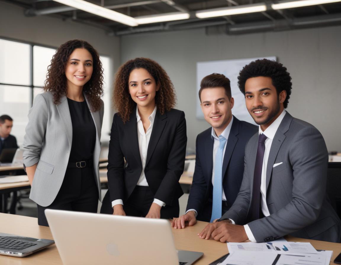 An advanced business workspace in 2025, featuring a mixed group of five individuals: a Middle-Eastern female executive in a suit, a Black male data analyst in smart casual attire, a Hispanic female IT specialist, an Asian male logistics coordinator, and a Caucasian female marketing director, gathered around a holographic display of forms, with futuristic technology surrounding them, under soft LED lighting.